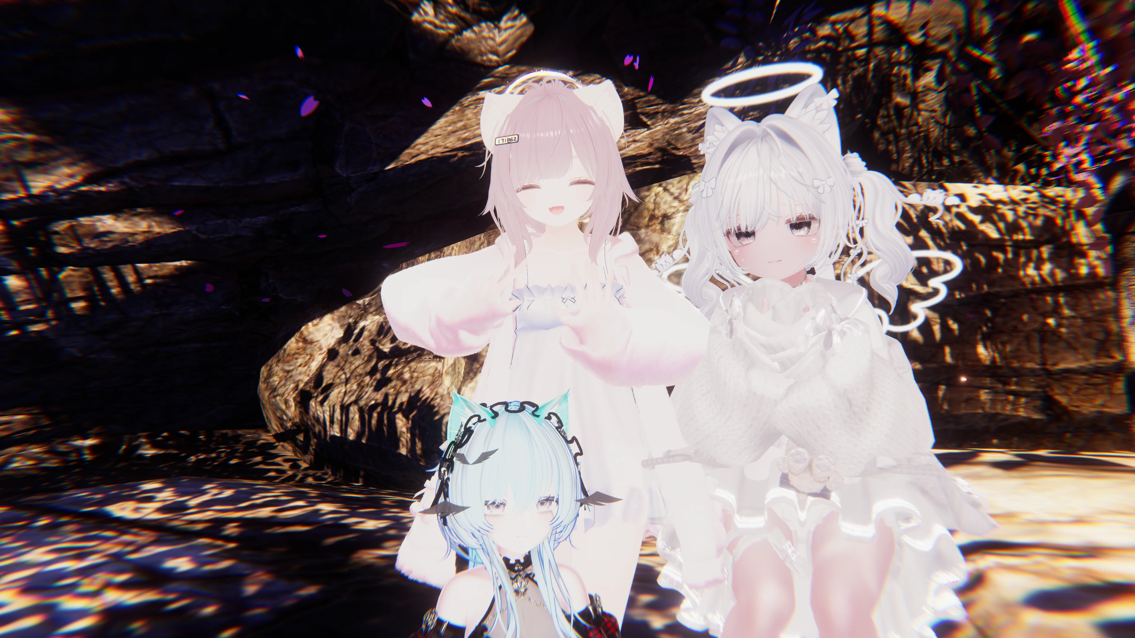 洞穴场景中三位 VRChat 朋友的合影