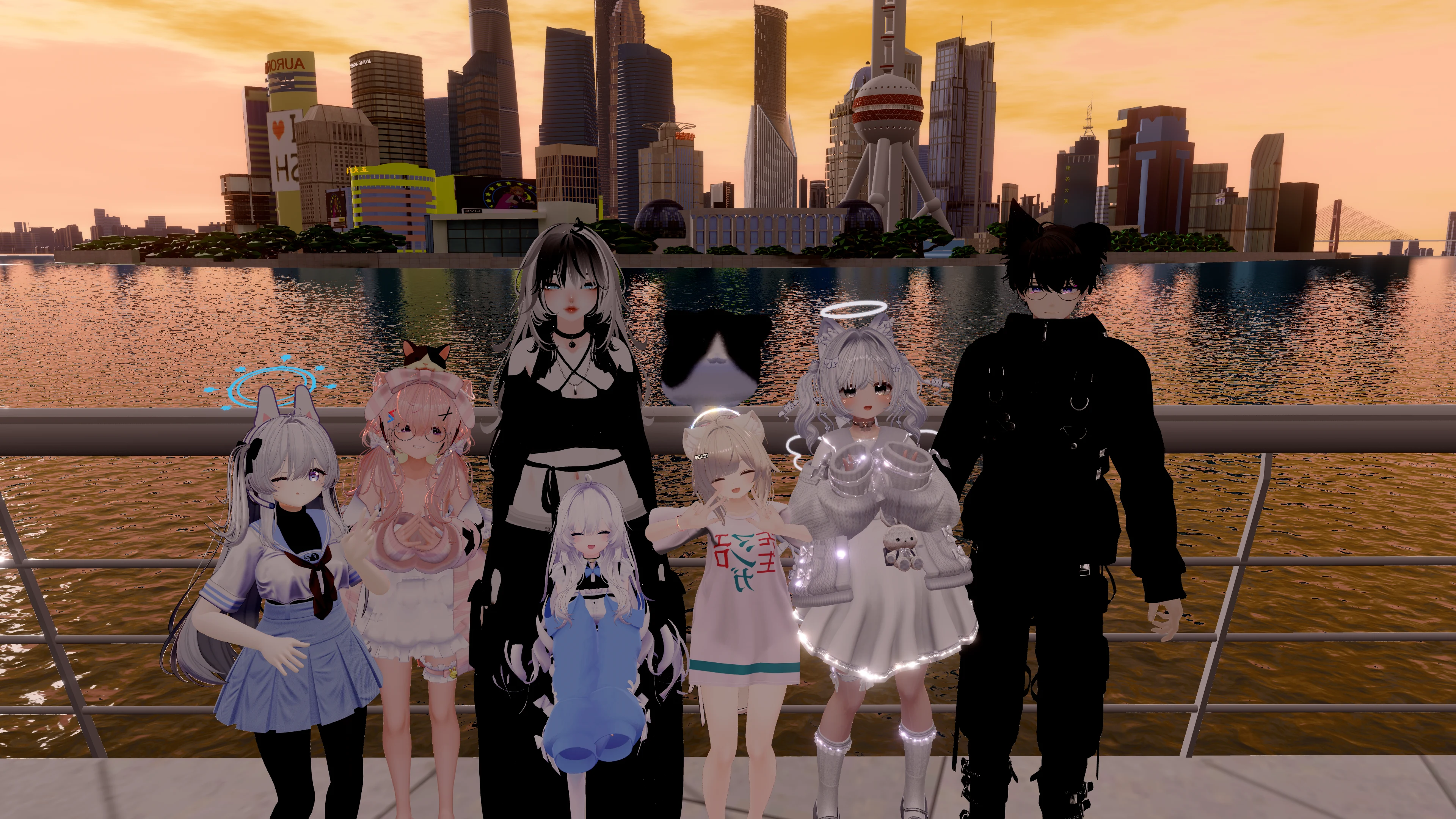 夕阳城市水岸前的 VRChat 多人合影