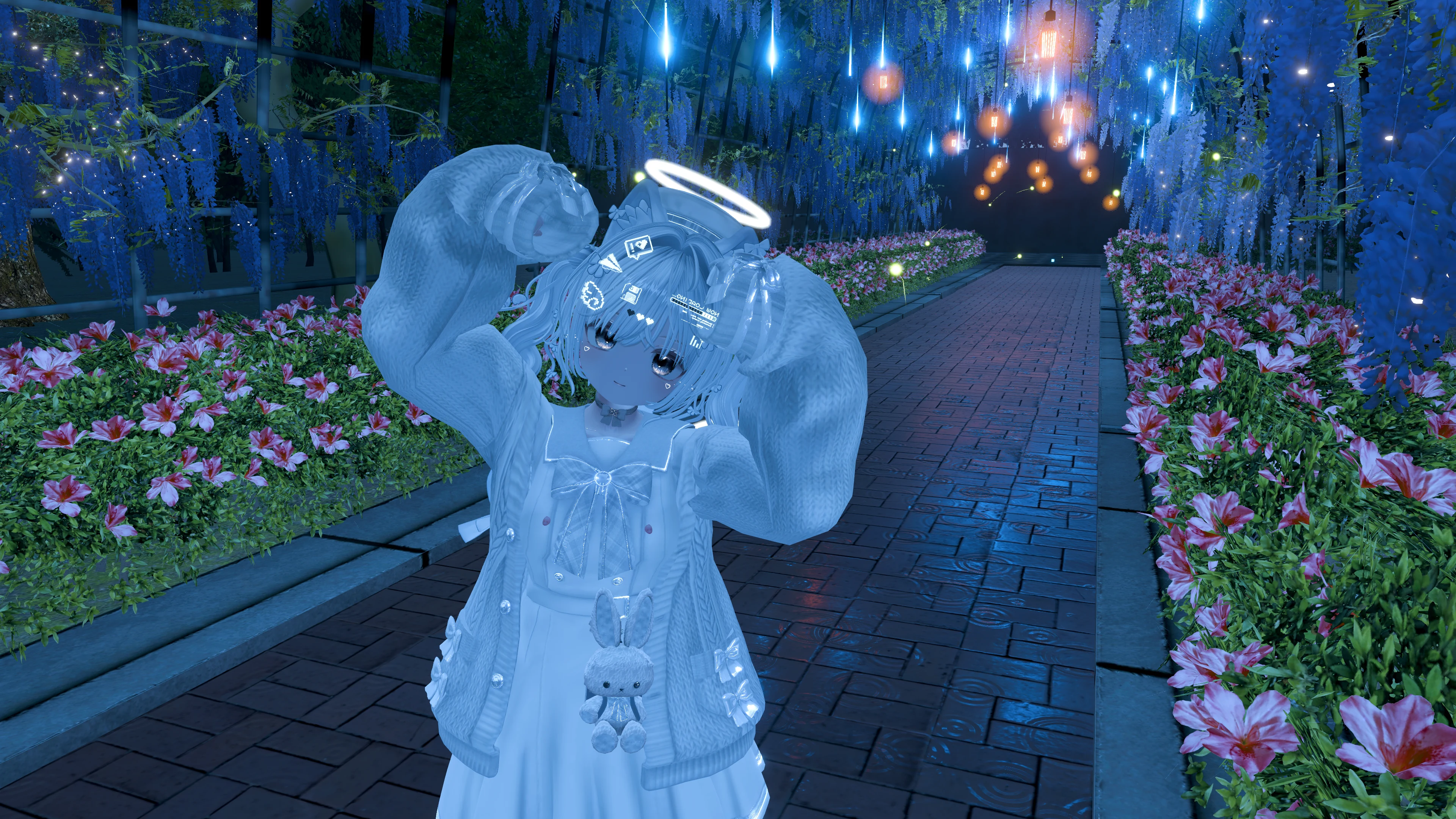 蓝色紫藤花廊中的 VRChat 角色留影
