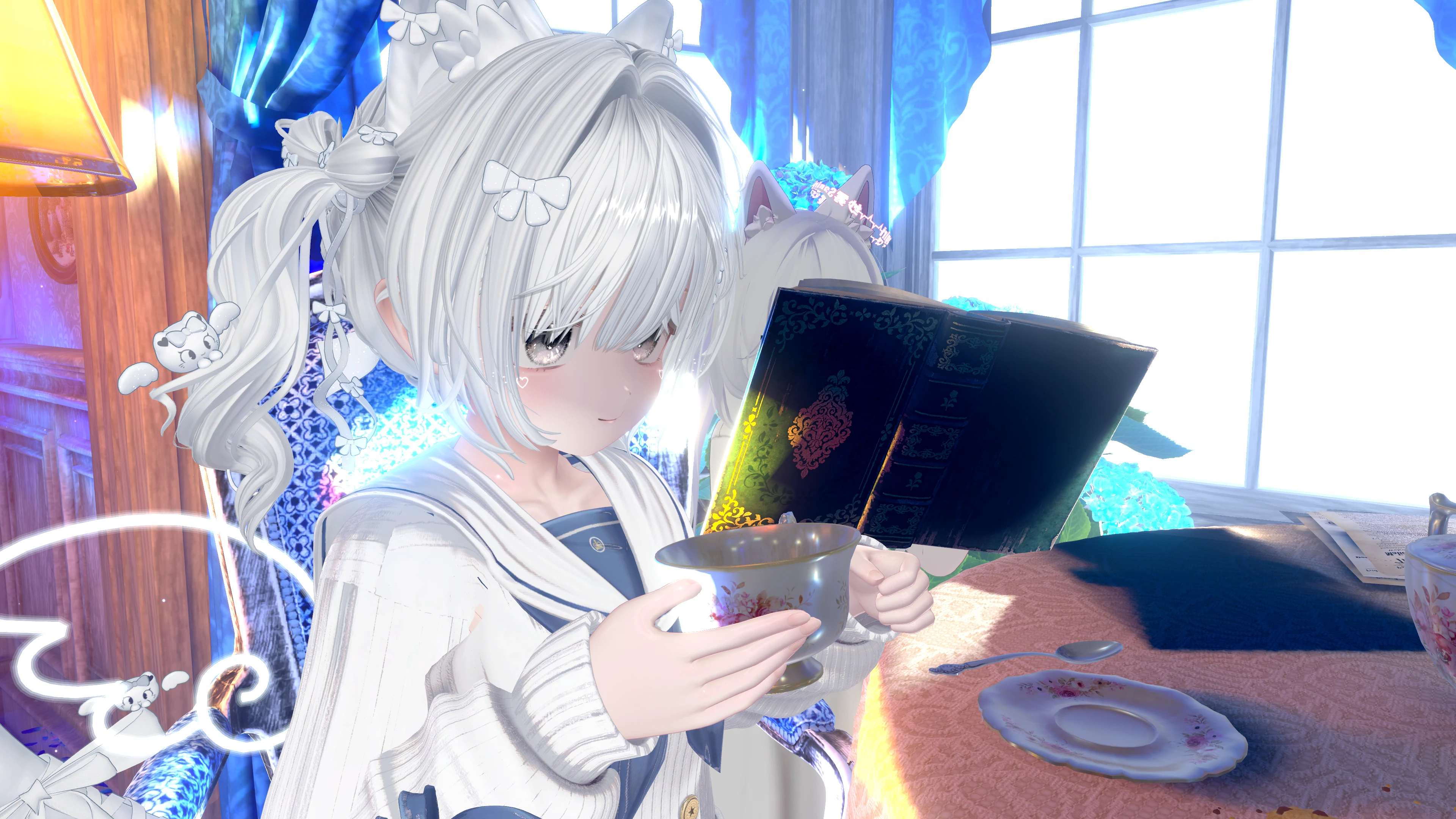 明亮房间中捧着茶杯阅读的 VRChat 角色留影