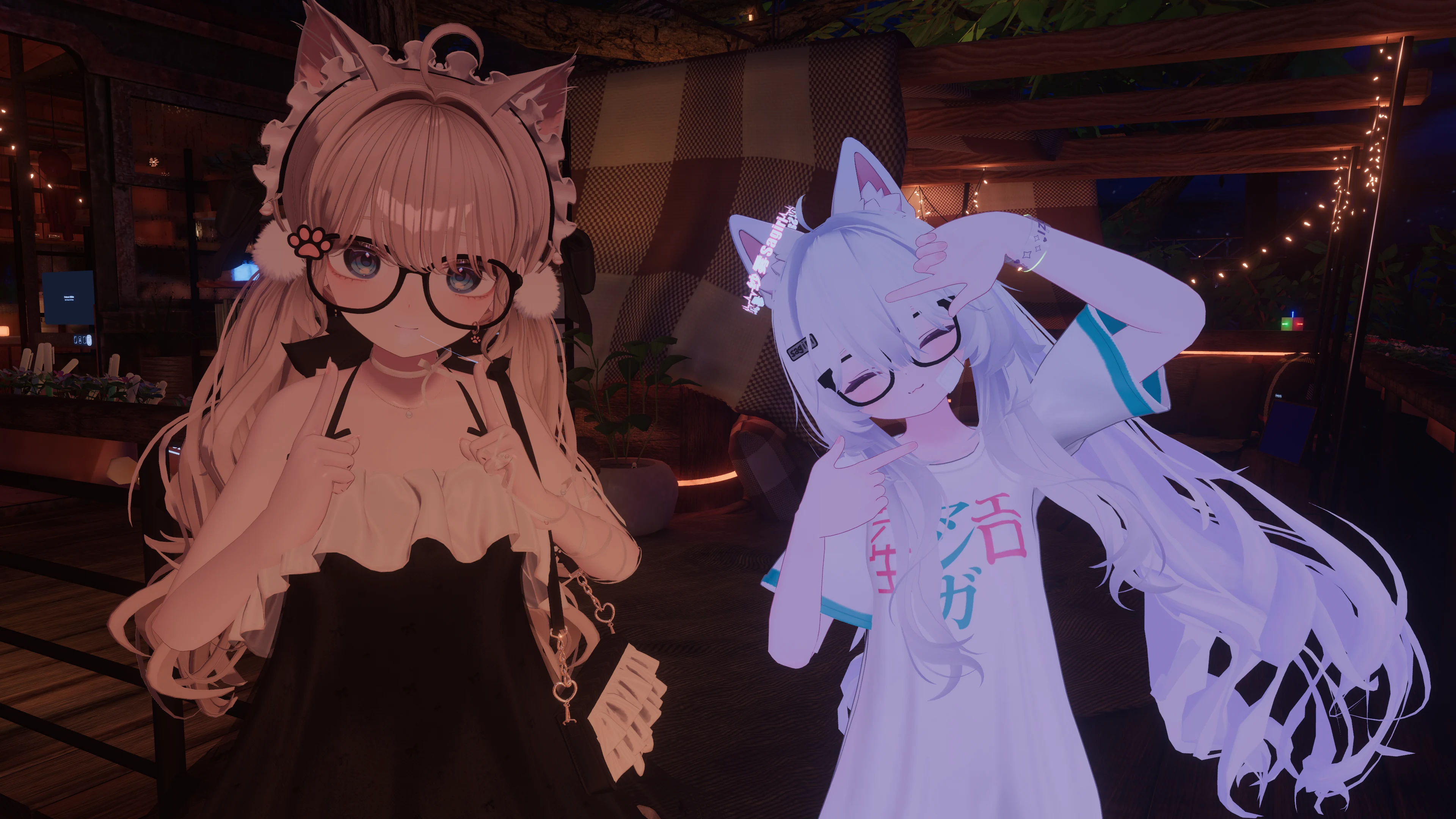 暖色木屋中两位 VRChat 朋友的合影